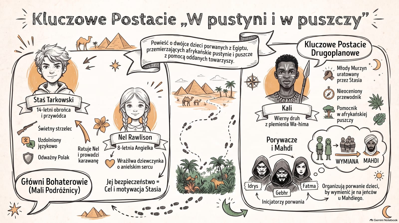 Infografika wygenerowana w Gemini Notebook – bohaterowie „W pustyni i w puszczy”