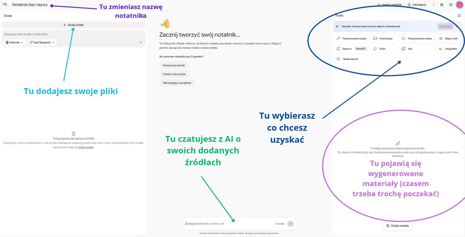 Interfejs Gemini Notebook – źródła, czat i Studio